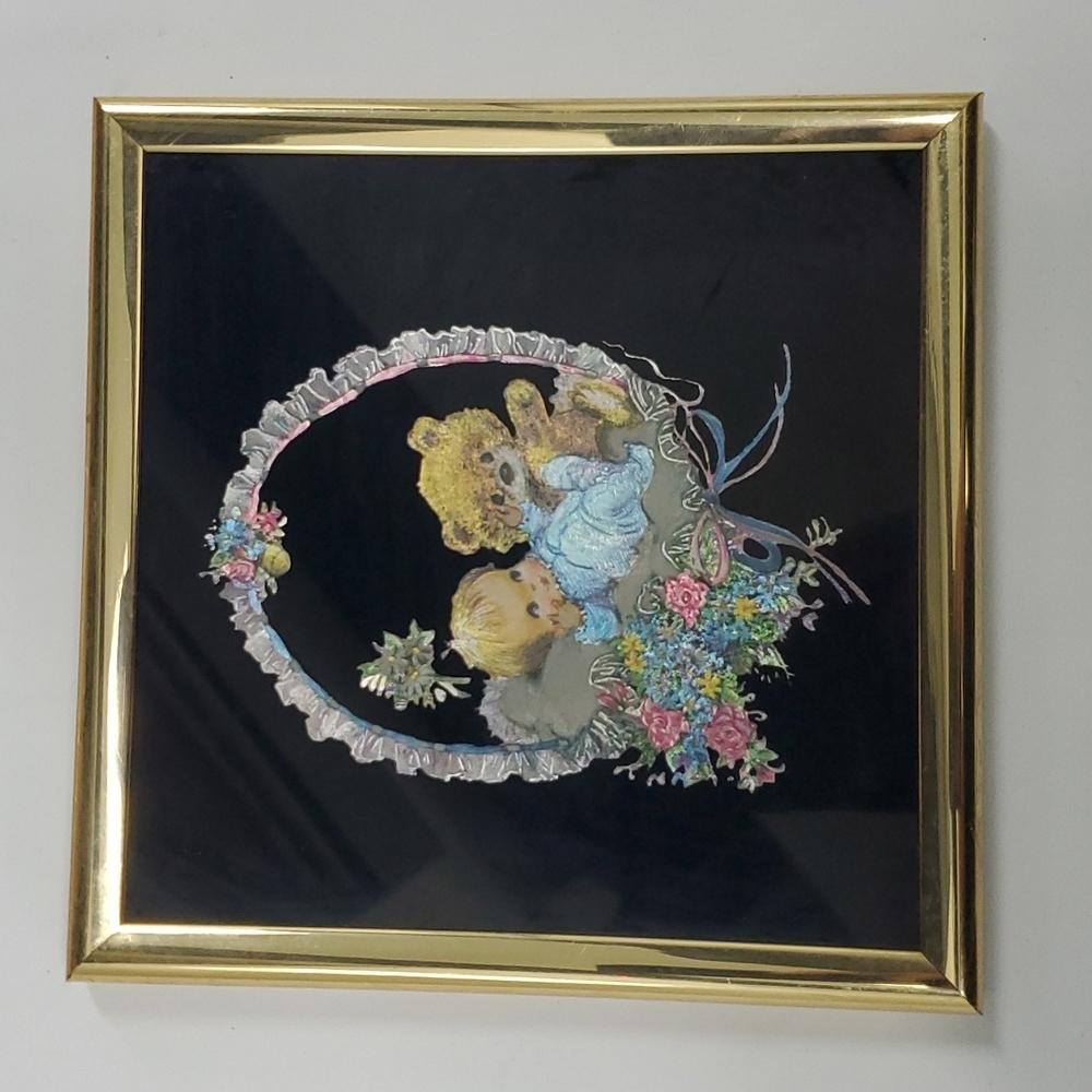 Vtg 80s baby and teddy bear framed foil art kafka industries #0542